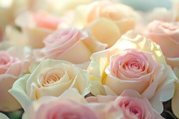 Poster - Soft pink roses bloom in a serene garden setting during a warm afternoon, showcasing their delicate petals and lush green foliage