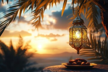 Poster - Beautiful lantern hangs from tree at sunset with dates arranged on a plate in the desert