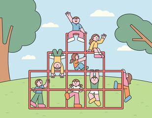 Wall Mural - A fun and cheerful vector illustration of children playing on a jungle gym at the playground. A bright and playful artwork representing childhood joy, friendship, and adventure.