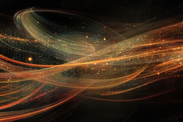 Leinwandbilder - Swirling golden and orange light trails create an abstract display of movement and energy in a dark background