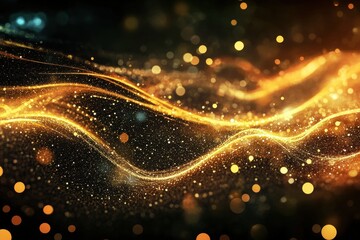 Leinwandbilder - Swirling golden and orange light trails create an abstract display of movement and energy in a dark background