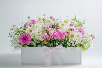 Aufkleber - Colorful flower arrangement in a white box with pink and white blooms showcasing spring beauty and freshness. Generative AI