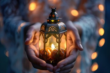 Poster - Hands cradle a beautifully crafted lantern as the sun sets over a serene riverside, creating an enchanting glow in the evening twilight