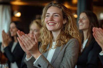 Aufkleber - Engaged audience member applauds during a professional conference in a modern meeting room filled with attentive professionals