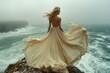 © SaroStock - Woman in flowing dress stands on cliff edge overlooking ocean with misty sky in serene coastal landscape during calm weather