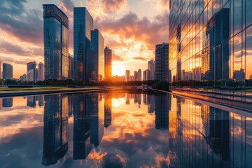 Aufkleber - City skyline reflecting on water during sunset with colorful clouds and vibrant lights creating a stunning visual display