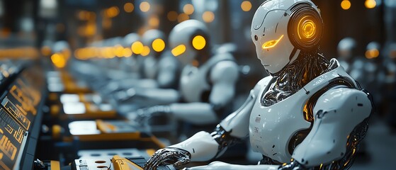 Aufkleber - Futuristic factory with AIcontrolled robotic workers assembling cuttingedge gadgets
