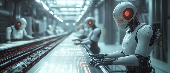 Aufkleber - Futuristic factory with AIcontrolled robotic workers assembling cuttingedge gadgets
