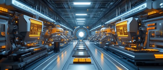 Aufkleber - Futuristic factory with AIcontrolled robotic workers assembling cuttingedge gadgets
