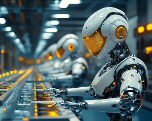 Poster - Futuristic hightech factory with robotic workers assembling gadgets