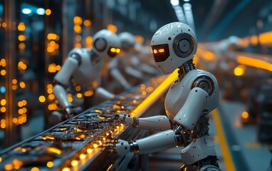Aufkleber - Hypermodern factory with robot workers assembling futuristic gadgets