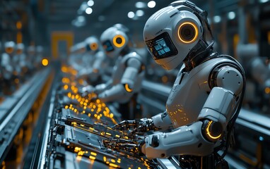 Aufkleber - Hypermodern factory with robot workers assembling futuristic gadgets