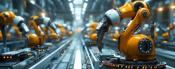Poster - Hypermodern factory with AIdriven robots assembling hightech gadgets