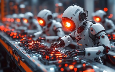 Aufkleber - AIcontrolled factory with robotic workers assembling futuristic gadgets