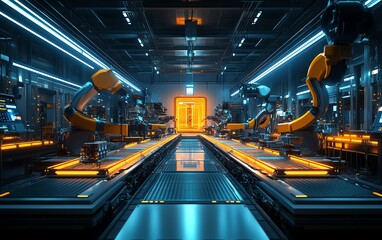 Poster - AIcontrolled factory with robotic workers assembling futuristic gadgets