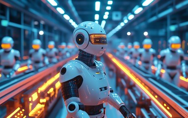 Aufkleber - AIcontrolled factory with robotic workers assembling futuristic gadgets