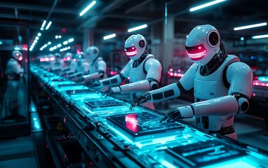Aufkleber - AIcontrolled factory with robotic workers assembling futuristic gadgets