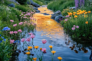 Poster - Serene sunset over a tranquil pond with colorful wildflowers blooming along the shore