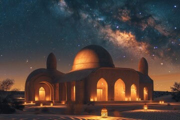 Poster - Beautiful desert structure illuminated under a starry night sky with a visible galaxy and lanterns surrounding the building