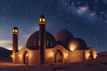 Poster - Beautiful desert structure illuminated under a starry night sky with a visible galaxy and lanterns surrounding the building