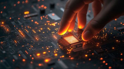A hand carefully touches a glowing computer processing microchip component