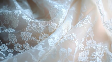 Poster - Delicate beige lace fabric draped elegantly on a textured background showcasing intricate floral patterns and soft hues in natural light