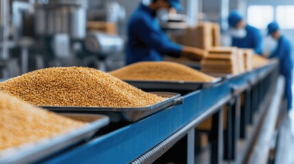 Leinwandbilder - Industrial Food Production Process with Grains on Conveyor Belt in Modern Factory Setting