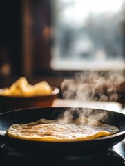 Poster - Cooking a steaming omelette on a skillet in a cozy kitchen during morning hours. Generative AI