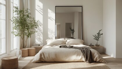 Poster - Modern minimalist bedroom design featuring natural light and simple decor in a relaxing setting