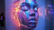 © mur - Holographic iridescent female face illuminated with vibrant neon lights.