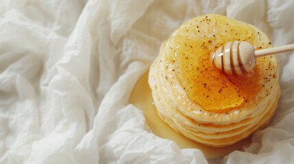 Aufkleber - Fluffy pancakes stacked high with honey drizzle and syrup on a cozy white cloth. Generative AI