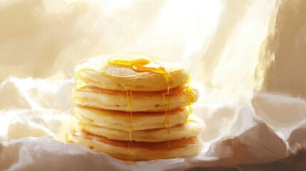 Aufkleber - Stack of golden pancakes with syrup dripping in warm morning light. Generative AI