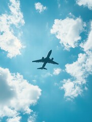 Leinwandbilder - Plane flying through a clear sky with fluffy clouds during daylight hours above a bustling city. Generative AI