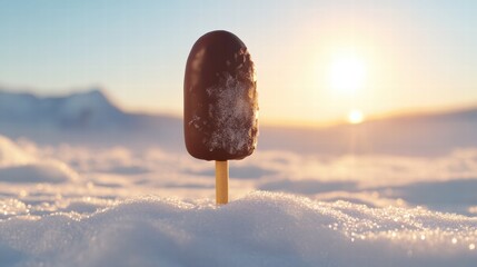 Aufkleber - Chocolate coated ice cream on a stick stands in the snow at sunset with mountains in the background. Generative AI