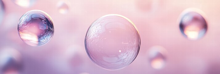 Fototapete - Colorful soap bubbles floating in the air with soft pastel background creating a dreamy atmosphere. Generative AI