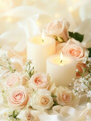 Aufkleber - Elegant arrangement of pink roses and white candles in a soft fabric setting during a romantic evening. Generative AI
