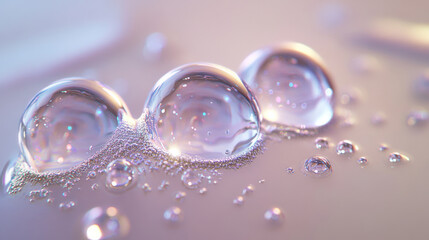 Wall Mural - close-up of three irregularly shaped liquid bubbles, almost spherical but uniquely deformed, their s