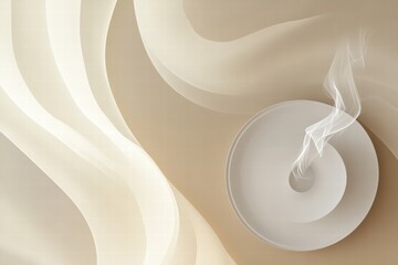 Poster - Waves of smoke swirl gracefully around a minimalistic ceramic incense holder on a soft beige background. Generative AI