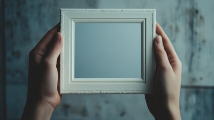 Poster - Hands hold empty frame against textured gray wall.  Modern aesthetic, subtle color palette