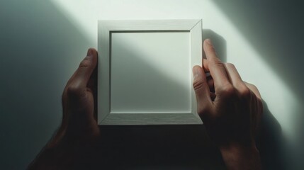 Poster - Hands hold blank frame in sunlight.  Bright light, shadows fall on the white surface background