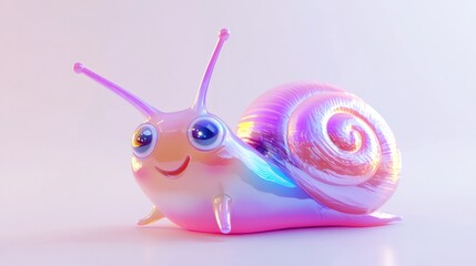 Canvas Print - Smiling iridescent snail sits on a white surface with soft pastel background