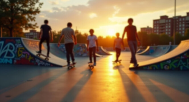 Urban blurred defocused background with five teenagers skateboarding in vibrant skate park at sunset, casting long shadows on the concrete. Energy as they enjoy their evening together