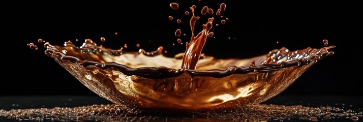 Poster - Chocolate liquid splashes in an elegant bowl creating droplets on a dark background. Generative AI