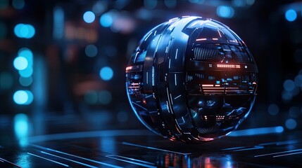 Metallic sphere with futuristic design elements floating against a dark background, showcasing modern tech aesthetics with geometric patterns, ideal for futuristic or digital art concepts.