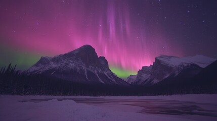 Wall Mural - majestic aurora borealis illuminates snowy mountain peaks under a starlit sky creating a serene wint