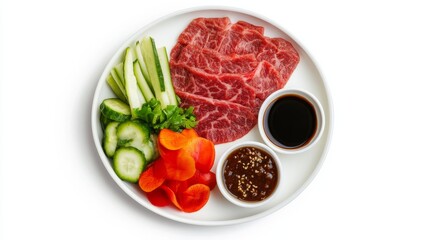 Wall Mural - 104.A high-quality image of a beef set for shabu, featuring thinly sliced beef arranged in an overlapping pattern on a white plate, accompanied by dipping sauces and vegetables, all isolated on a