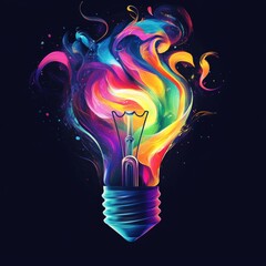 Fototapete - Creative Illumination: A Light Bulb Bursting with Colorful Imagination and Abstract Energy on a Dark Background