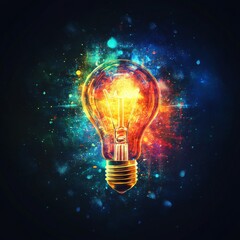 Poster - Illuminating Idea: A Light Bulb Surrounded by Cosmic Colors and Energy Sparks, Symbolizing Innovation and Creative Thinking