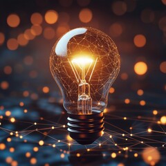 Poster - Illuminating Ideas: A Conceptual Light Bulb with Connected Network, Representing Innovation and Technological Advancement.