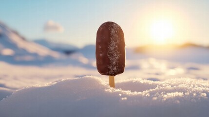 Aufkleber - Chocolate covered ice cream pop stands alone in snowy landscape during sunset. Generative AI